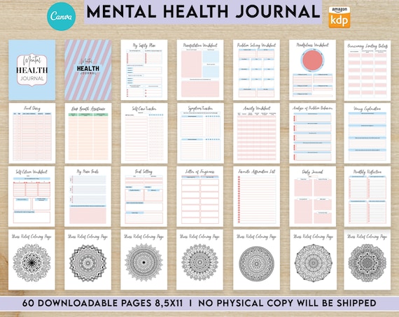 Mental Health guided therapy journal With Prompts 60 Editable Templates, 8.5x11" Canva KDP Planner editable interiors Bundle COMMERCIAL Use