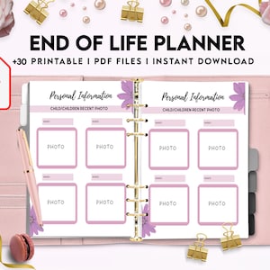 May include: An end of life planner with 30 printable PDF files, featuring a pink binder, a pink pen, and pages titled Personal Information with sections for photos and names, decorated with purple flower illustrations and gold binder clips.