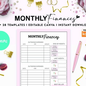 May include: A digital monthly finance template featuring a white sheet with black text and grid lines for tracking outgoing expenses, total income, and profit or loss. The document includes the title Monthly Finances and is surrounded by pink roses, gold binder clips, macarons, and a pink pen.