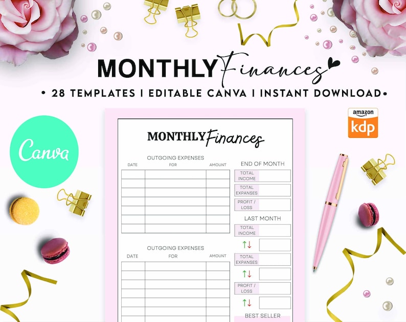 May include: A digital monthly finance template featuring a white sheet with black text and grid lines for tracking outgoing expenses, total income, and profit or loss. The document includes the title Monthly Finances and is surrounded by pink roses, gold binder clips, macarons, and a pink pen.