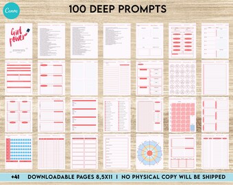 100 Journal Prompts, Deep thought Prompts, Prompts Mental Health Journal, Self Care Journal, Writing Prompts,  Canva Editable Templates