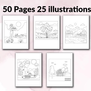 May include: A coloring book with 50 pages and 25 illustrations featuring farm scenes. The illustrations include a farmer carrying a basket, a tree with apples, a barn, and a pumpkin.