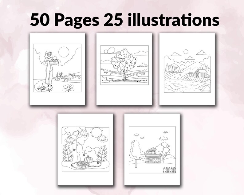 May include: A coloring book with 50 pages and 25 illustrations featuring farm scenes. The illustrations include a farmer carrying a basket, a tree with apples, a barn, and a pumpkin.