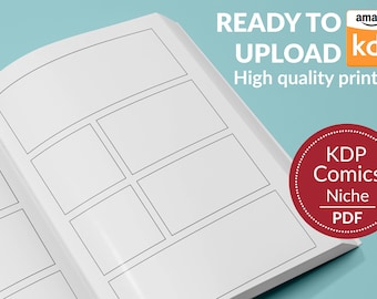 May include: A blank comic book template with 8 panels, ready to upload to Amazon KDP. The template is labeled "KDP Comics Niche PDF" and "Ready to Upload, High quality printing".