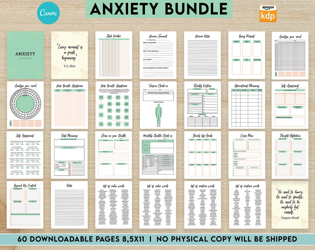 Anxiety Journal With Questions, Therapy Workbook 8.5x11 Canva Editable ...