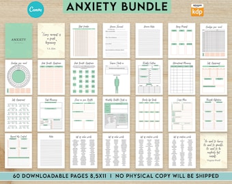 Anxiety Journal with questions, Therapy workbook 8.5x11" Canva Editable 30 Templates, Canva KDP interior with prompt, digital and printable