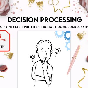May include: A black and white illustration of a person thinking with question marks above their head. The image is surrounded by gears and is part of a printable PDF download for decision processing.
