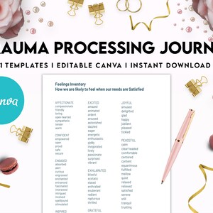 May include: A digital Trauma Processing Journal template featuring a Feelings Inventory list. The document includes text categories like Affectionate, Confident, and Engaged. It is surrounded by pink roses, gold binder clips, macarons, and a pink pen.