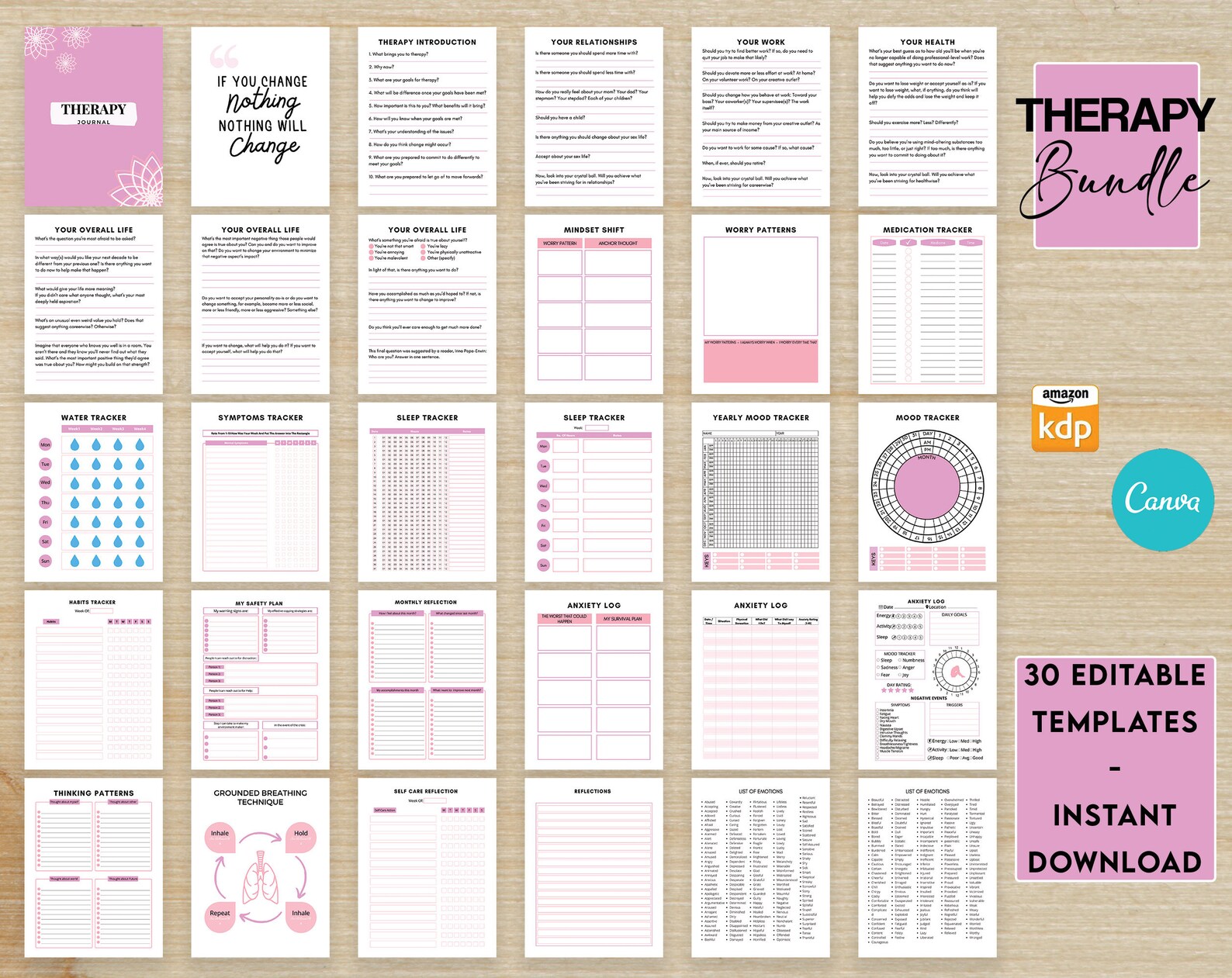 Therapy Journal With Questions Workbook 8.5x11" Canva Editable 30 Templates, Canva KDP Editable ...