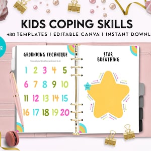 May include: A pink binder with a white page open to show two coping skills worksheets. The left page is titled "Grounding Technique" and has a rainbow design. The right page is titled "Star Breathing" and has a yellow star with arrows showing the direction to breathe in and out.