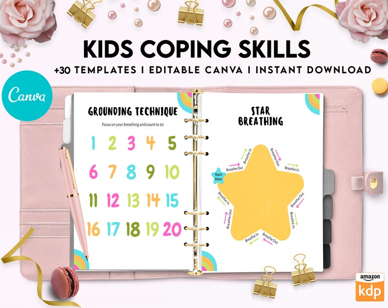 May include: A pink binder with a white page open to show two coping skills worksheets. The left page is titled "Grounding Technique" and has a rainbow design. The right page is titled "Star Breathing" and has a yellow star with arrows showing the direction to breathe in and out.