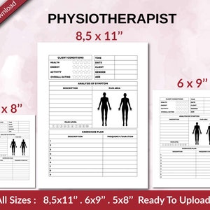 Puede incluir: Plantilla de formulario de admisión de clientes de fisioterapia imprimible en tres tamaños: 8,5 x 11 pulgadas, 6 x 9 pulgadas y 5 x 8 pulgadas. El formulario incluye secciones para las condiciones del cliente, el análisis de los síntomas, el nivel de dolor y los planes de ejercicios.