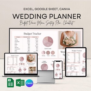 May include: A digital wedding planner template displayed on a laptop, tablet, and smartphone. The design includes a budget tracker, guest count pie charts, and a wedding spreadsheet. The text reads "Wedding Planner" and "Budget, Venue, Menu, Seating Plan, Checklist."