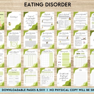 May include: A printable workbook with green and white pages titled "Eating Disorder Recovery". The workbook includes sections on types of eating disorders, food journaling, and meal planning.