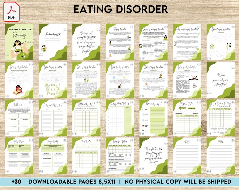May include: A printable workbook with green and white pages titled "Eating Disorder Recovery". The workbook includes sections on types of eating disorders, food journaling, and meal planning.