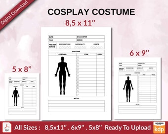 COSPLAY Costume Journal 120 pages Ready to Upload PDF used as Low Content Planner tracker or Log Book KDP, Size 6x9 8.5x11 5x8 Commercial