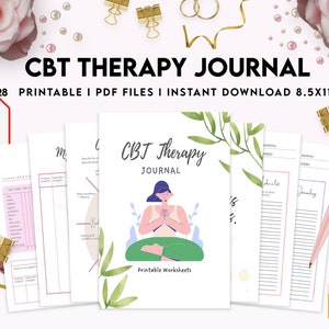 May include: A set of CBT Therapy Journal printable worksheets. The cover displays the title "CBT Therapy Journal" with an illustration of a person meditating. The journal includes various worksheets and is available as a PDF download, measuring 21.6 x 27.9 cm.