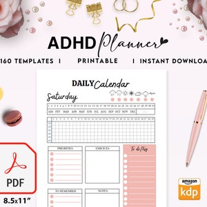 May include: A printable daily planner with a pink and white color scheme. The planner is titled "ADHD Planner" and includes a calendar, to-do list, priorities, exercises, and notes sections. The planner is 8.5 x 11 inches.