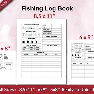 Fishing Log Book 120 pages Ready to Upload PDF used as Low Content Planner tracker or Log Book KDP, Size 6x9 8.5x11 5x8 Commercial Use