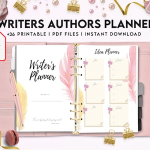 May include: A pink and white planner with gold rings and a feather design. The cover says "Writer's Planner" and the inside page says "Idea Planner".