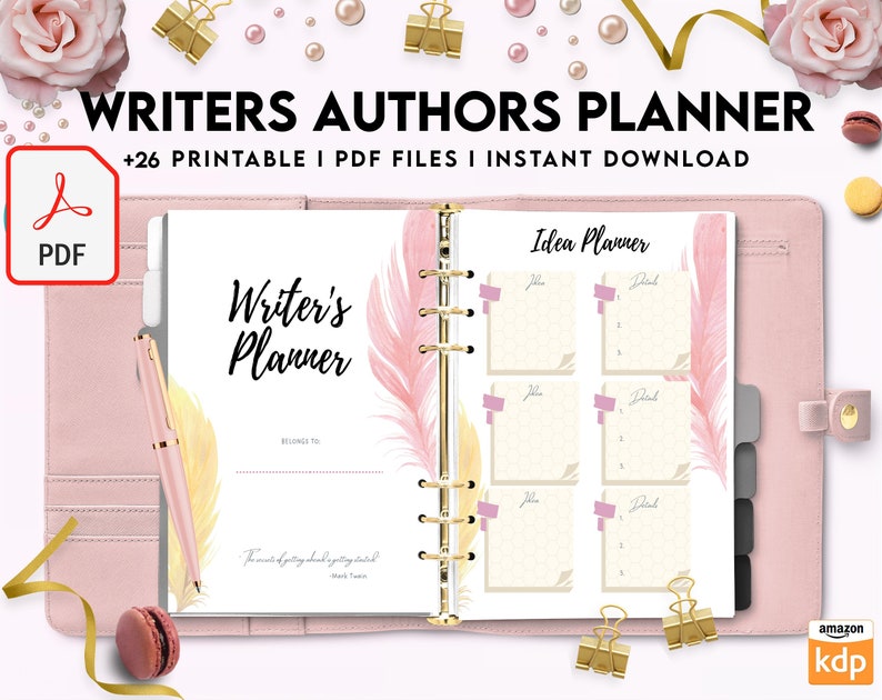 May include: A pink and white planner with gold rings and a feather design. The cover says "Writer's Planner" and the inside page says "Idea Planner".