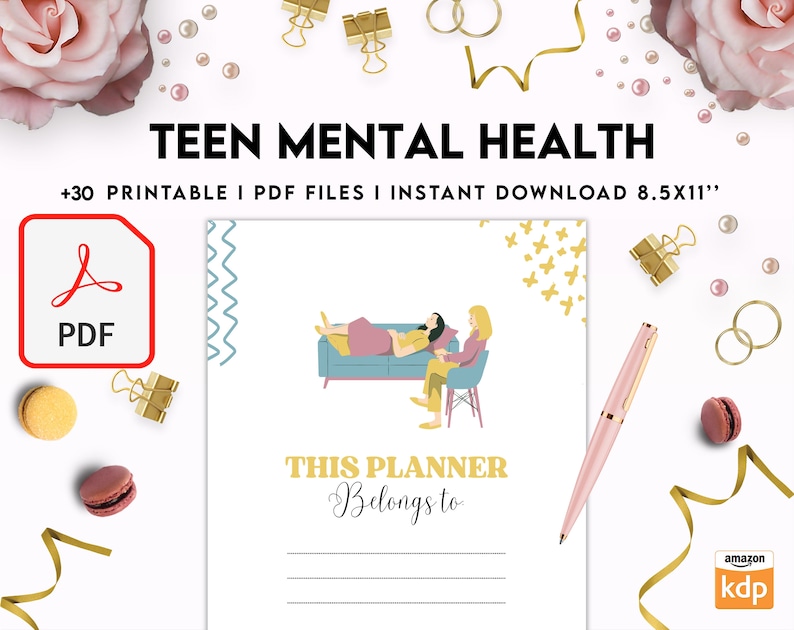 Pu&ograve; includere: Una pagina di agenda stampabile intitolata TEEN MENTAL HEALTH +30 PRINTABLE | PDF FILES | INSTANT DOWNLOAD 8.5X11". La pagina presenta un'illustrazione di due persone su un divano, il testo THIS PLANNER Belongs to e tre righe vuote.