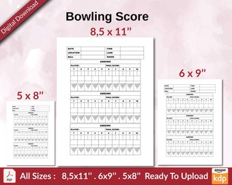 Bowling Score 120 pages Ready to Upload PDF used as Low Content Planner tracker or Log Book KDP, Size 6x9 8.5x11 5x8 Commercial Use