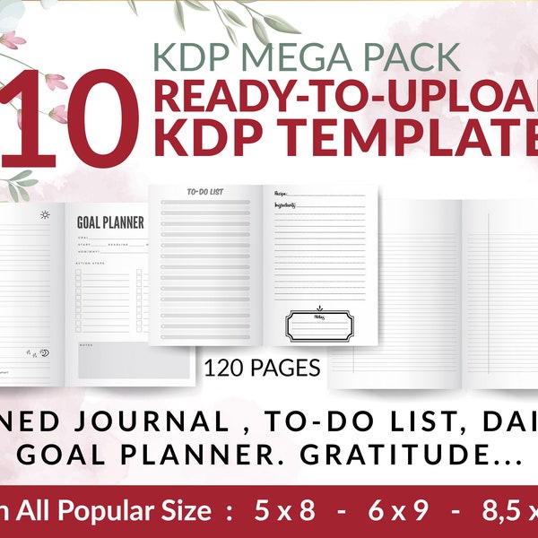 KDP Mega Bundle 10 Templates 60 interiors Lined Pages, doted, To-Do List, planner, Journal ,Notebook, Ready To Upload PDF COMMERCIAL Use