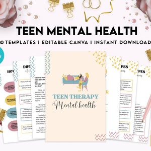 May include: A collection of digital templates for teen mental health featuring a central document titled TEEN THERAPY Mental health with an illustration of two people on a couch, surrounded by various informational pages with text and graphic accents.