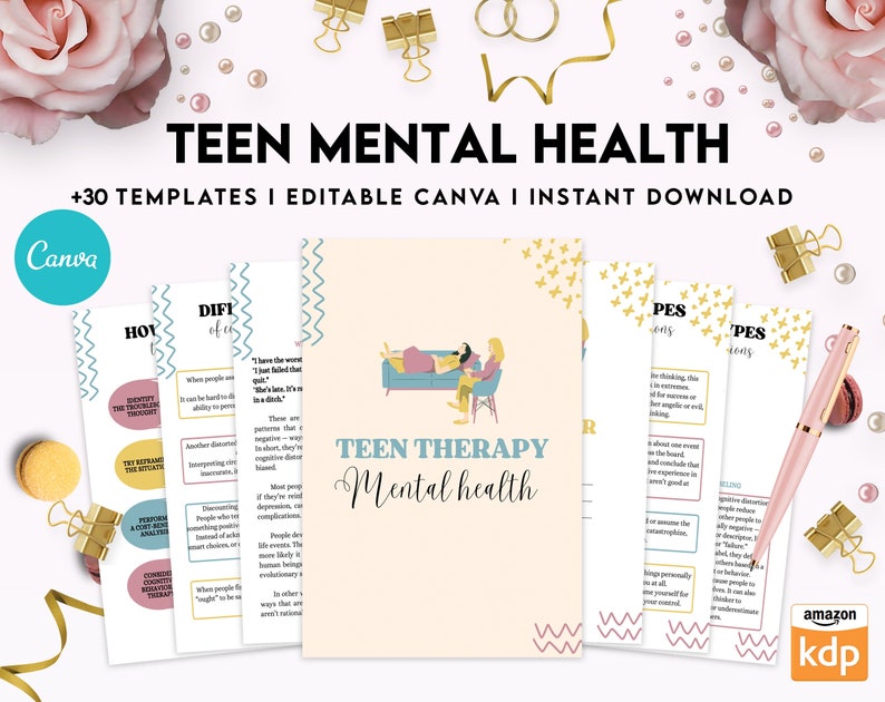 May include: A collection of digital templates for teen mental health featuring a central document titled TEEN THERAPY Mental health with an illustration of two people on a couch, surrounded by various informational pages with text and graphic accents.