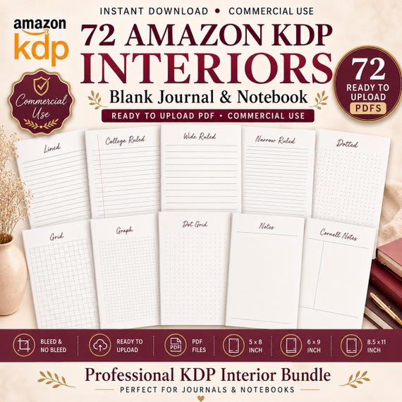 72 Amazon KDP interiors Bundle for Blank Journal & Notebook, Lined , grid , dotted ...Ready To Upload PDF COMMERCIAL Use