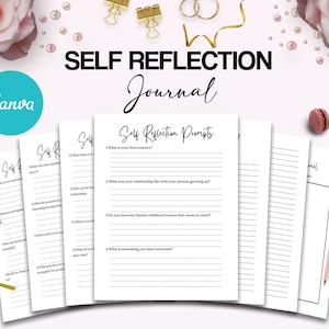 May include: Four pages of a self-reflection journal with prompts for self-discovery. The prompts include questions about childhood memories, relationships, and overcoming challenges. The pages are white with black text and lines for writing.