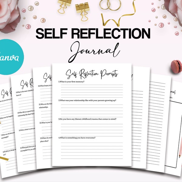 Self-Reflection guided journal With Prompts 30 Editable Templates 100 questions, 8.5x11" Canva KDP Planner editable interiors