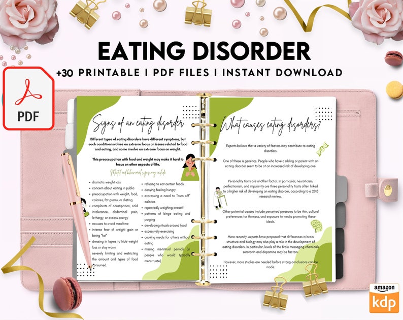 May include: A pink and green printable PDF guide with the title "Eating Disorder" and the text "+30 Printable PDF Files | Instant Download". The guide includes information about the signs of an eating disorder and what causes eating disorders.