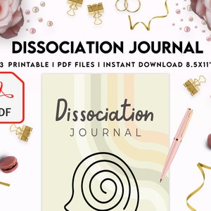 K&ouml;nnte beinhalten: Ein druckbares Dissoziations-Tagebuch mit einem Spiralmuster auf dem Cover. Das Cover ist hellgr&uuml;n mit Pfirsich- und hellbraunen Streifen. Der Text "Dissoziations-Tagebuch" ist in schwarzer Kursivschrift. Das Tagebuch ist als digitaler Download im PDF-Format verf&uuml;gbar. Der Text "+33 Printable I PDF Files I Instant Download 8.5x11" ist in schwarzem Text.