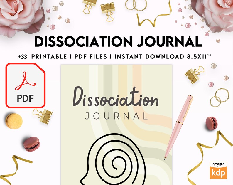 K&ouml;nnte beinhalten: Ein druckbares Dissoziations-Tagebuch mit einem Spiralmuster auf dem Cover. Das Cover ist hellgr&uuml;n mit Pfirsich- und hellbraunen Streifen. Der Text "Dissoziations-Tagebuch" ist in schwarzer Kursivschrift. Das Tagebuch ist als digitaler Download im PDF-Format verf&uuml;gbar. Der Text "+33 Printable I PDF Files I Instant Download 8.5x11" ist in schwarzem Text.