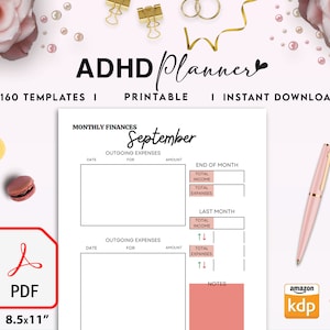 May include: A printable PDF planner for September with a pink and white color scheme. The planner includes sections for monthly finances, outgoing expenses, and notes. The text "ADHD Planner" is at the top of the page.