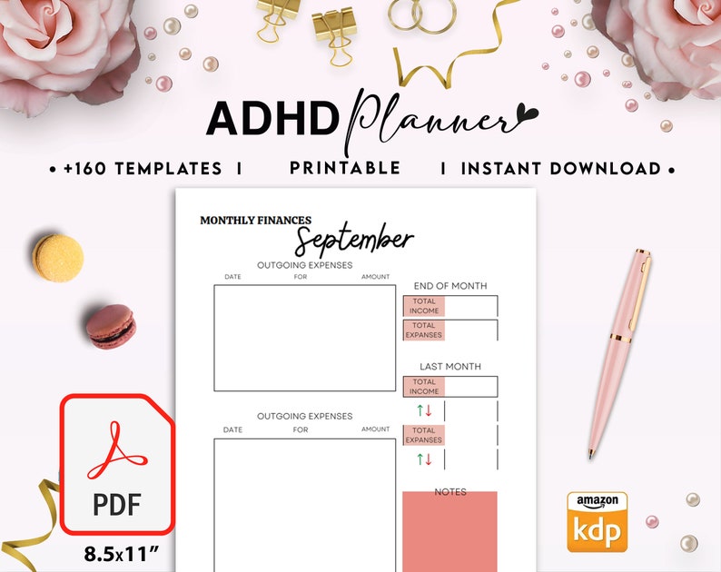 May include: A printable PDF planner for September with a pink and white color scheme. The planner includes sections for monthly finances, outgoing expenses, and notes. The text "ADHD Planner" is at the top of the page.