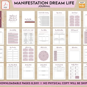 Dziennik życia marzeń manifestacyjnych, zeszyt ćwiczeń manifestacji, cyfrowy plik PDF do druku, zdrowie psychiczne, uważność 8,5 x 11 cali, 60 stron