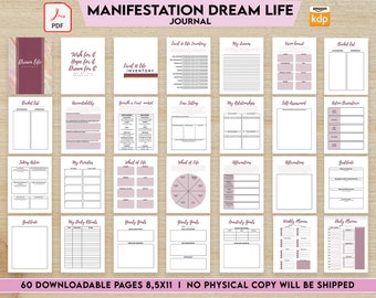 Journal de la vie de rêve de manifestation, cahier d'exercices de manifestation, PDF imprimable numérique, santé mentale, pleine conscience 8,5 x 11 po. 60 pages