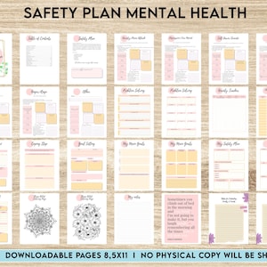 May include: A printable safety plan for mental health. The printable includes 26 pages with sections for coping skills, goal setting, problem solving, and more. The pages are decorated with floral and mandala designs.