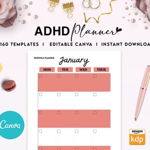 May include: A printable monthly planner for January with a pink and white color scheme. The planner is titled "January" and has columns for Monday, Tuesday, Wednesday, and Thursday. The planner is designed for use with Canva and is available for instant download.