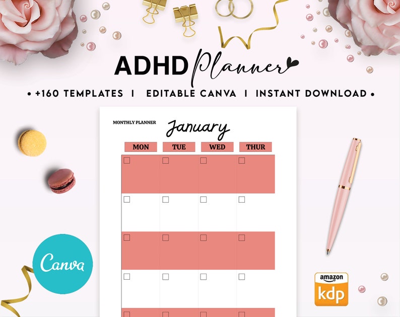 May include: A printable monthly planner for January with a pink and white color scheme. The planner is titled "January" and has columns for Monday, Tuesday, Wednesday, and Thursday. The planner is designed for use with Canva and is available for instant download.