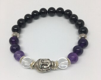 Be Buddha ~ 8mm ~ Black Tourmaline, Quartz Crystal and Amethyst Reiki Charged Bracelet with Buddha and Ohm Spacers