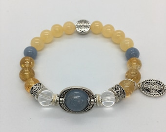 Archangel Uriel ~ Light of Spirit~  8 and 10 mm Angelite, Clear Quartz, Aragonite and Citrine Reiki Charged Bracelet with Celtic Cross Charm