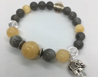 14, 10, 8 mm ~ Aragonite, Clear Quartz and Labradorite Reiki Charged Bracelet with an Elephant Charm