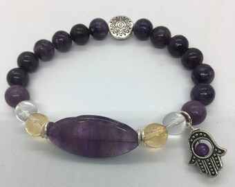 Clear Vision ~ 8 and 10mm Amethyst, Lepidolite, Clear Quartz and Citrine Reiki Charged Healing Bracelet with Hamsa Charm