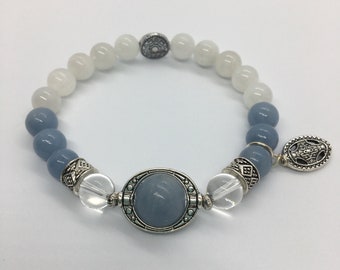 Divine Feminine ~ Archangel Haniel ~ 8mm Angelite, Clear Quartz and Moonstone Reiki Charged Bracelet with Celtic Cross Charm