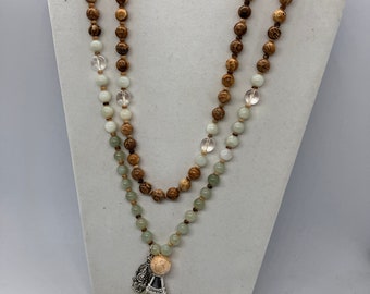 8mm and 10 mm ~ Picture Jasper, Serpentine and Clear Crystal Reiki Charged Mala with Tassel