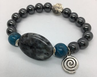 Integration ~ 8 and 10 mm ~ Hematite, Apatite and Larvakite Reiki Charged Bracelet with Sacred Spiral Charm